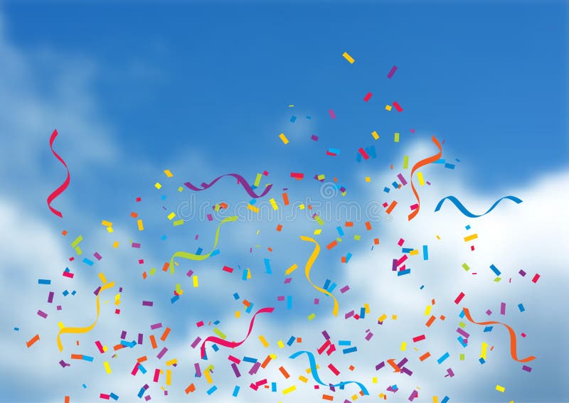 Confetti and streamers on blue sky background