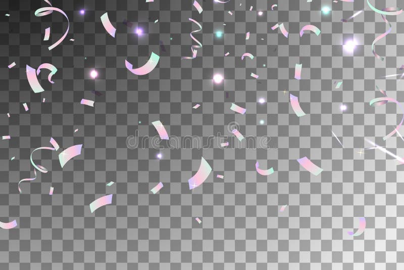Confettis iridescents en baisse de scintillement brillant avec l'éclat de soleil d'isolement Fond iridescent Aluminium olographe illustration stock