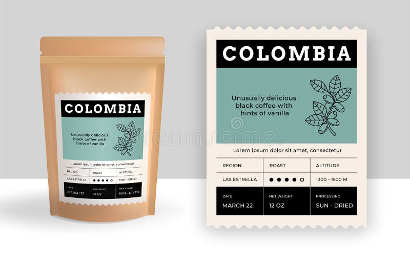 Confezione da caffè con etichetta. sacchetto per alimenti - imbianchimento realistico con adesivo. emblema di carta. layout grigli royalty illustrazione gratis