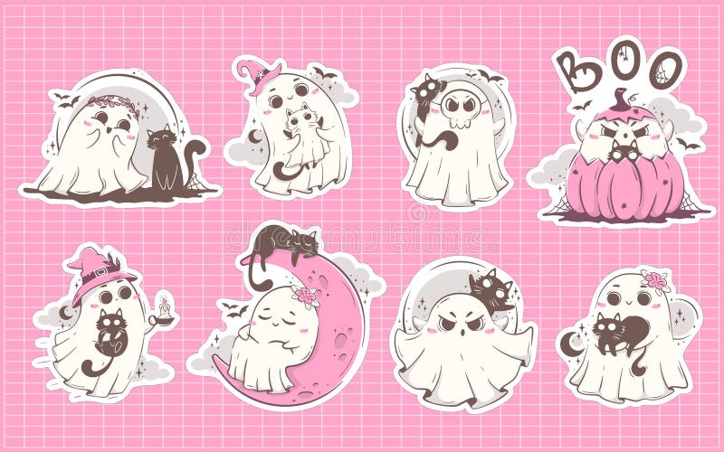 Confezioni di adesivi stampati con fantasmi e gatti di kawaii. collezione di creature mistiche per la decorazione. carattere allow illustrazione vettoriale