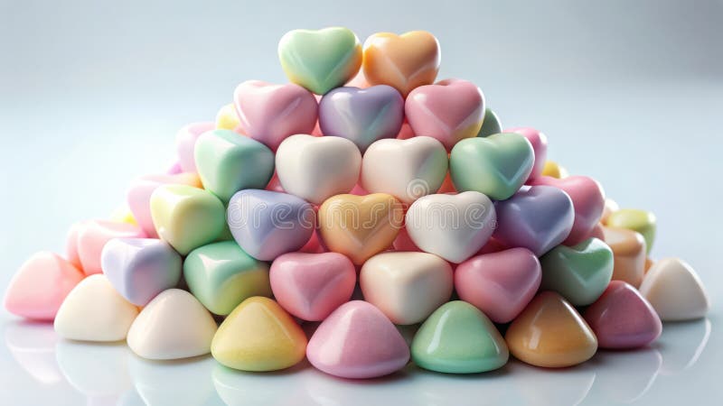 Confezioni a forma di cuore disposte a pastello disposte in una formazione piramidale su sfondo blu chiaro. Generative AI royalty illustrazione gratis