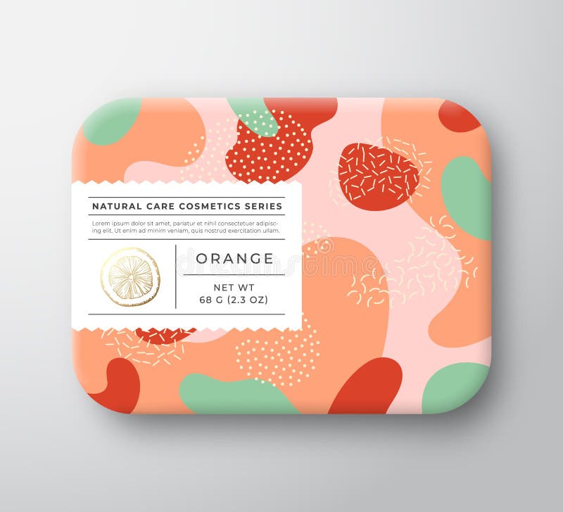 Orange Bath Cosmetics Package Box. Vector Wrapped Paper Container with Care Label Cover. Packaging Design. Modern Typography and Hand Drawn Citrus. Abstract Camo Background Pattern Layout. Isolated. Orange Bath Cosmetics Package Box. Vector Wrapped Paper Container with Care Label Cover. Packaging Design. Modern Typography and Hand Drawn Citrus. Abstract Camo Background Pattern Layout. Isolated.