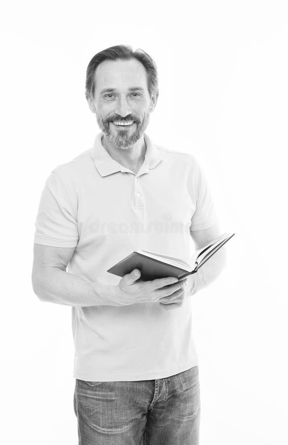 Confiance et intelligence ?tude jamais trop en retard Fond blanc d'isolement par livre barbu m?r de prise d'homme utile photos stock Confiance et intelligence ?tude jamais trop en retard Fond blanc d'isolement par livre barbu m?r de prise d'homme utile photos stock