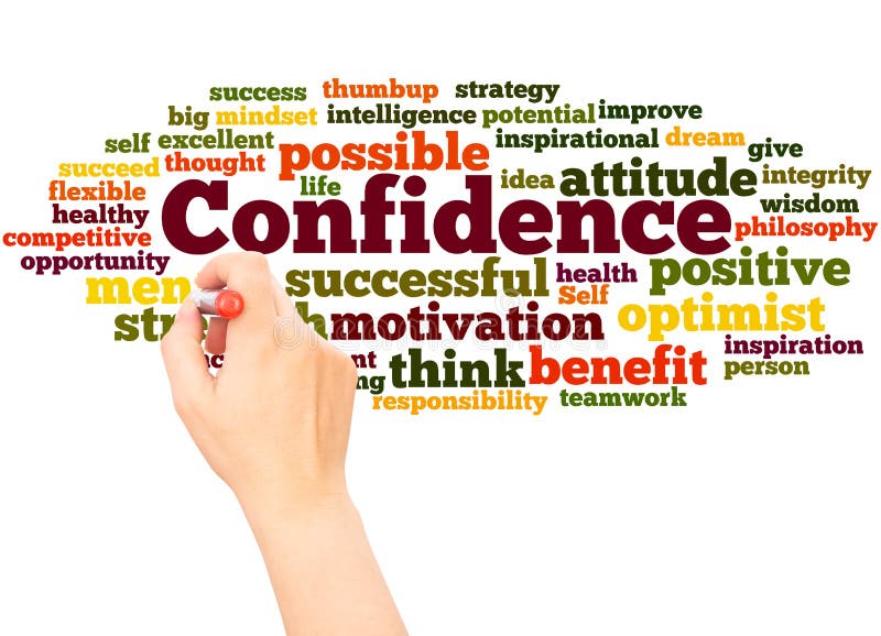 Confidence Word Cloud and Hand with Marker Concept Stock Illustration