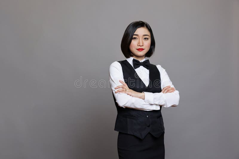 Confident Asian Restaurant Receptionist Stock Photo