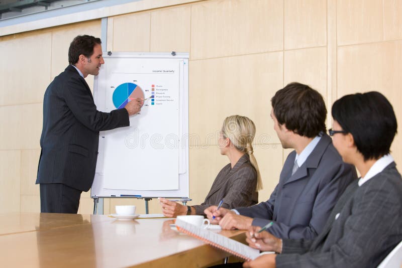 Confident business man giving presentation to coll