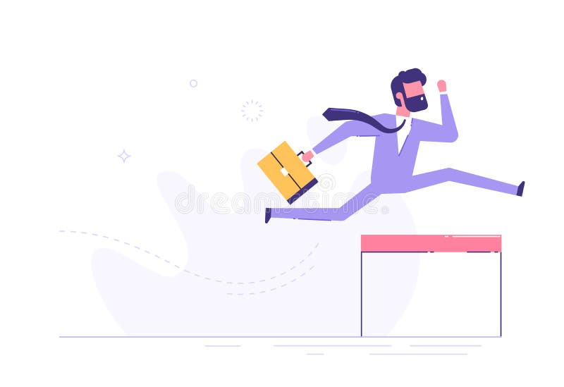 Confident businessman jumping over hurdle. Vector.