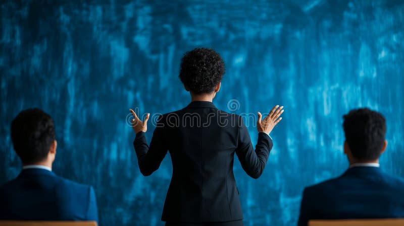 Confident businesswoman in black suit presents to audience, showcasing leadership and communication skills. blue background adds stock illustration