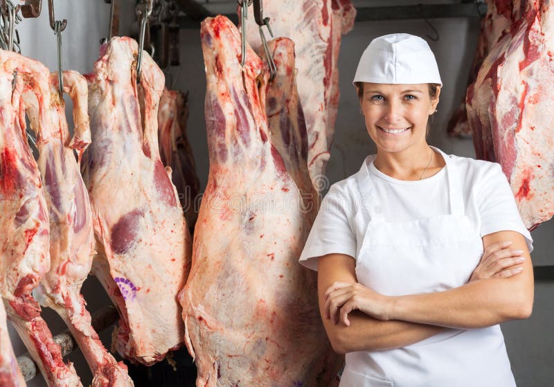Confident Butcher Standing in Butchery Stock Photo - Image of girl ...