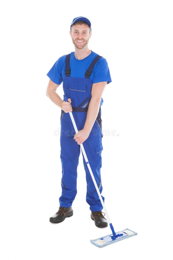 Confident Cleaner Mopping Over White Background royalty free stock photography Confident Cleaner Mopping Over White Background royalty free stock photography