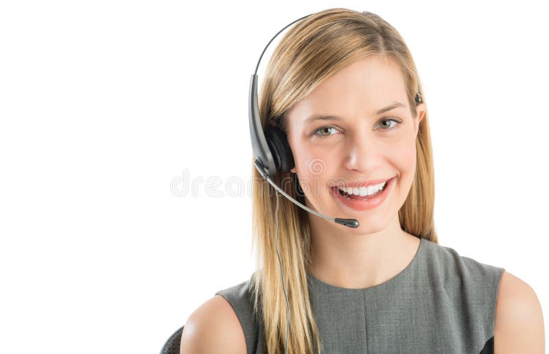 Close-up portrait of confident female customer service representative wearing headset isolated over white background. Close-up portrait of confident female customer service representative wearing headset isolated over white background