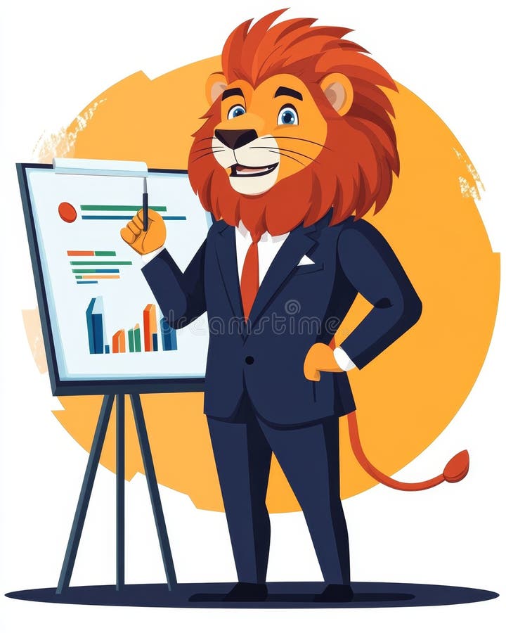 Un leu într-un costum special, care oferă o prezentare dinamică cu diagrame și un vârf de indicator stock photo