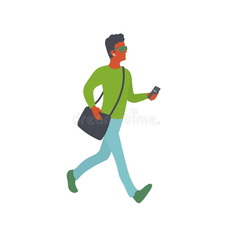Confident man walks and listening music on smartphone in wireless headphones stock illustration Confident man walks and listening music on smartphone in wireless headphones stock illustration