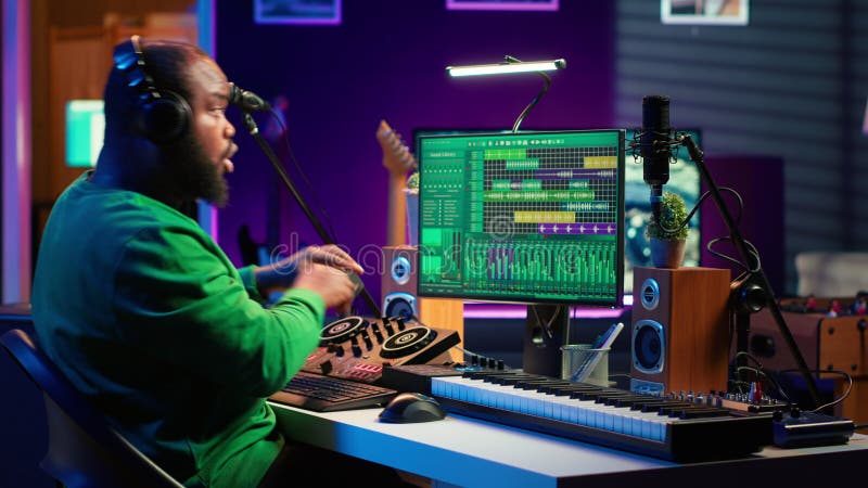 Confident music composer mixing sounds on digital audio software stock video