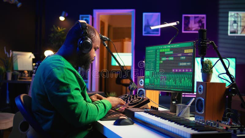 Confident music engineer working on mixing console in home studio stock video