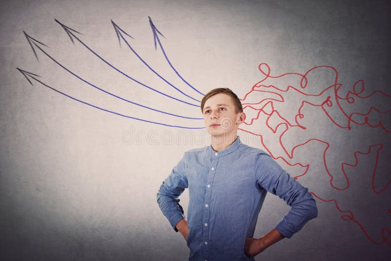 Confident student boy looking up pensive. Concept of information processing, focused teenager transform the mess lines, as royalty free stock photos Confident student boy looking up pensive. Concept of information processing, focused teenager transform the mess lines, as royalty free stock photos