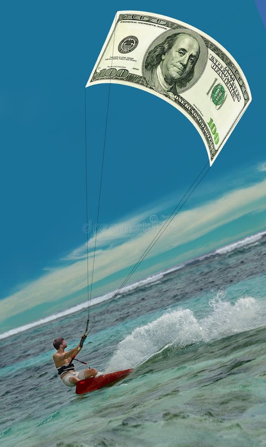 Confident surfing man with the 100 US Dollars, money as kite (sail) on the blue lagone, speed, flashes, waves. Financional success. Vacation money. The blue sky area is free for your text. Confident surfing man with the 100 US Dollars, money as kite (sail) on the blue lagone, speed, flashes, waves. Financional success. Vacation money. The blue sky area is free for your text.