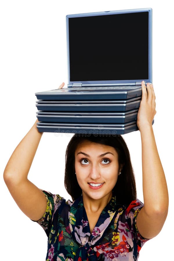 Confident woman carrying laptops
