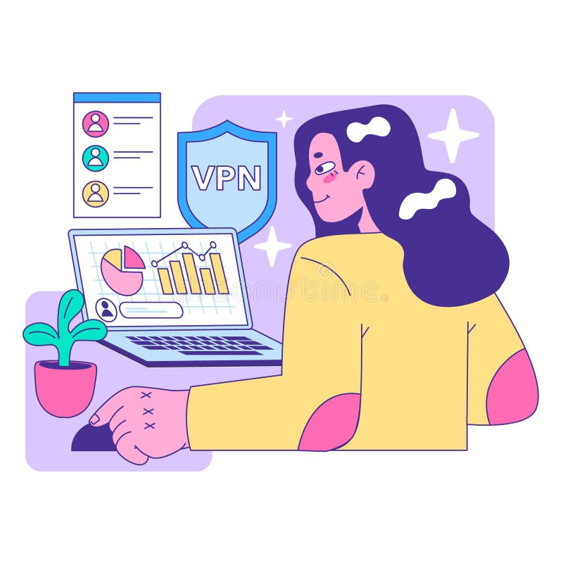 Confident Woman Reviews Data Charts on Her Laptop. Flat Vector