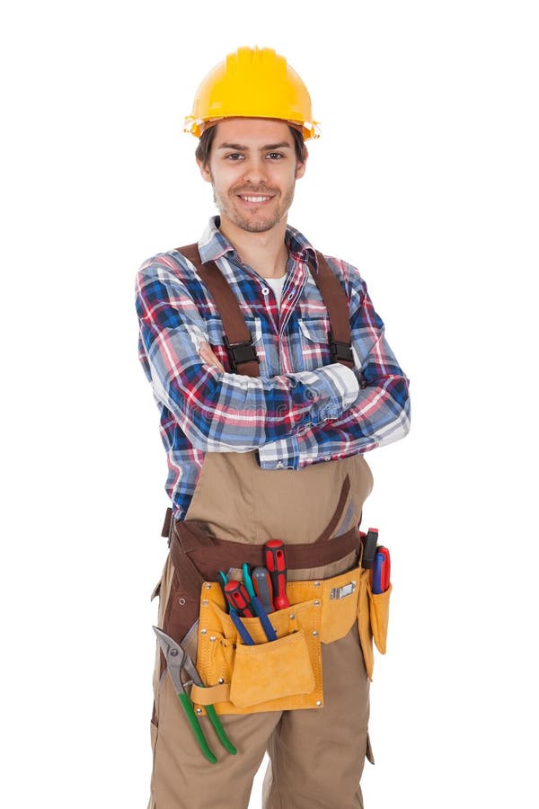 Confident Worker Wearing Toolbelt Stock Image - Image of plumber, happy ...