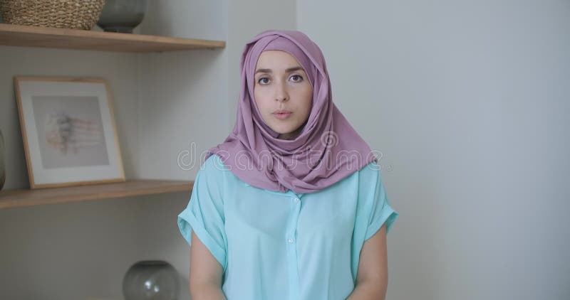 Confident Young Indian Muslim Business Woman Wear Hijab Speak Look at Camera, Islamic Arabic Lady Talk To Webcam Make Stock Footage - Video of looking, computer: 198804840