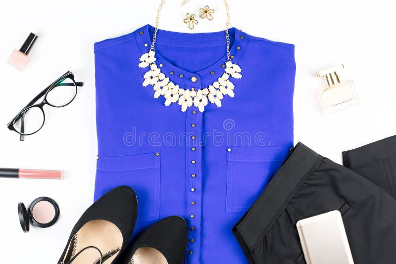 Female Smart Casual Style Clothing and Accessories -purple Shirt, Black  Pants, Fashion Accessories. Stock Photo - Image of pastel, gold: 108974616