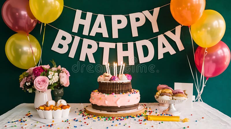 Configuración de fiesta de cumpleaños con pasteles y globos. Una mesa para fiestas de cumpleaños incluye una torta de dos ruedas con velas, globos, flores y pasteles variados