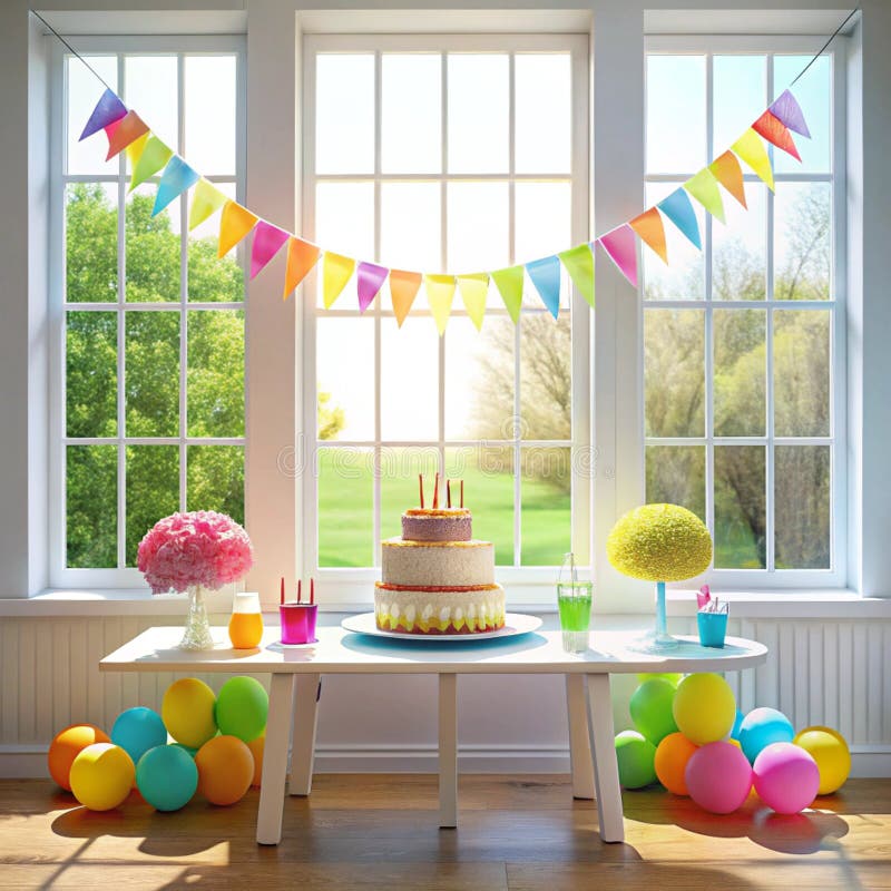 Configuración de la fiesta de cumpleaños festiva en la ventana foto de archivo libre de regalías