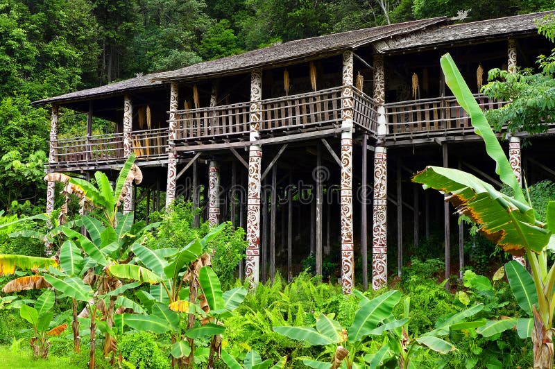 A photograph of the ethnic architectural long house building of the bornean jungle tribe of Orang Ulu, native tribes living in the rain forest of Sarawak, Borneo, Eastern Malaysia. They are sometimes called the upriver tribal people according to their preferred geographical position for living. Very distinctive architecture style of house elevated upon tall wooden stilts, decorated with tribal paintings in plant and animal motifs, long open airy verandah with good looking out view over the surrounding forests environment, timber wood built, long house with open large rooms for communal living. One such large longhouse can accommodate a whole small village or a community of villagers. Beautiful and exotic building style of the indigenous tribe of Borneo and Sabah. Taken in Borneo Sarawak, East Malaysia, southeast asia. Exotic travels photography with local art & cultural interest. Scenic rural landscapes photo. A photograph of the ethnic architectural long house building of the bornean jungle tribe of Orang Ulu, native tribes living in the rain forest of Sarawak, Borneo, Eastern Malaysia. They are sometimes called the upriver tribal people according to their preferred geographical position for living. Very distinctive architecture style of house elevated upon tall wooden stilts, decorated with tribal paintings in plant and animal motifs, long open airy verandah with good looking out view over the surrounding forests environment, timber wood built, long house with open large rooms for communal living. One such large longhouse can accommodate a whole small village or a community of villagers. Beautiful and exotic building style of the indigenous tribe of Borneo and Sabah. Taken in Borneo Sarawak, East Malaysia, southeast asia. Exotic travels photography with local art & cultural interest. Scenic rural landscapes photo.