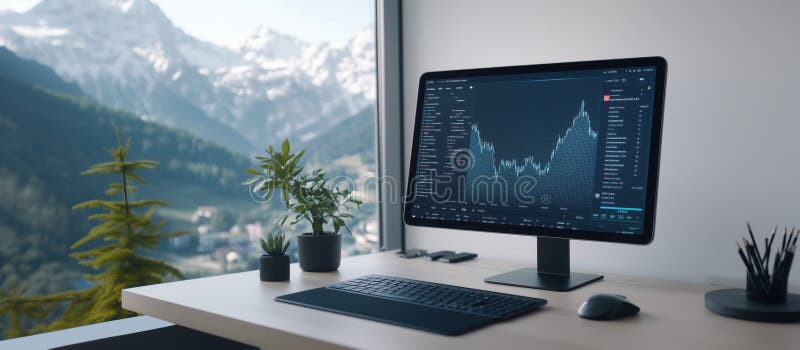 Configurare minimalistă a birourilor, cu un computer care afișează date financiare și vizualizare montană royalty free illustration