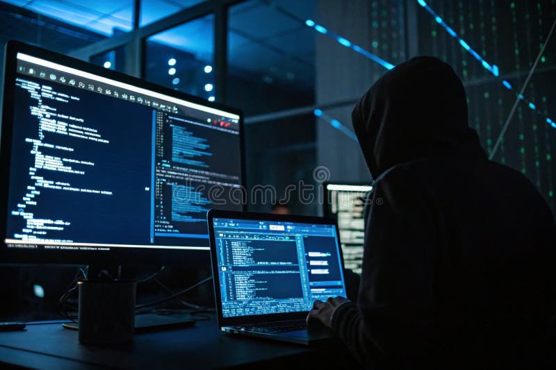 Configurare modernă de codificare, cu ecrane iluminate care afișează script-uri de programare setate într-o cameră întunecată pent vector illustration