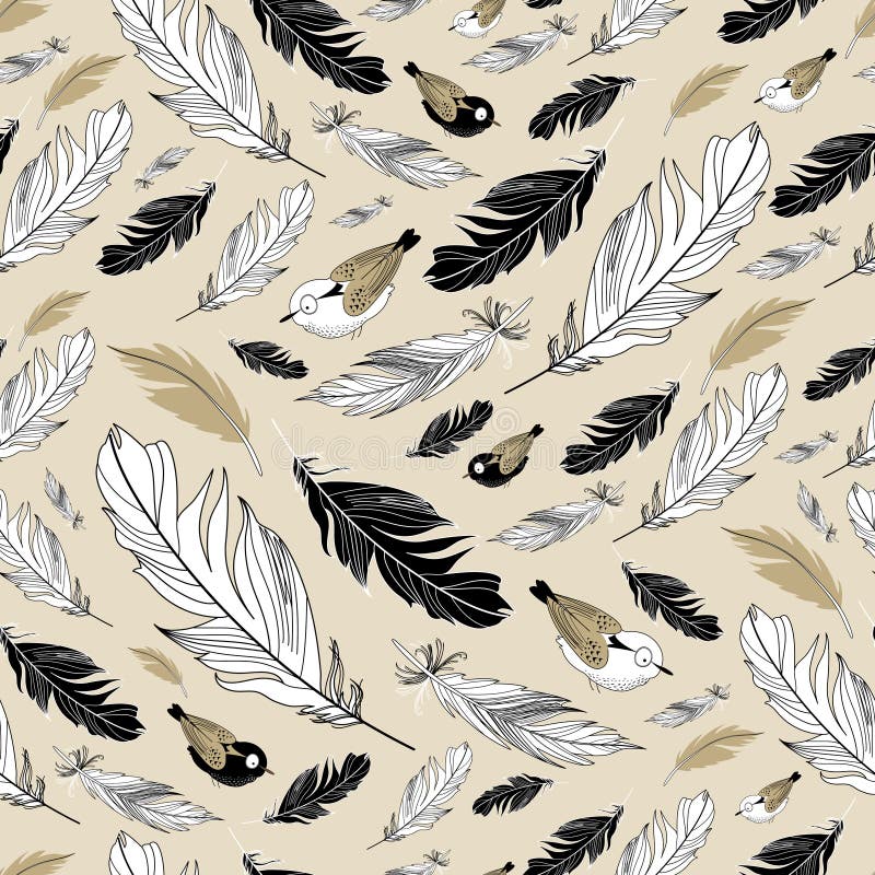 Seamless graphic pattern of feathers and birds on a brown background. Seamless graphic pattern of feathers and birds on a brown background