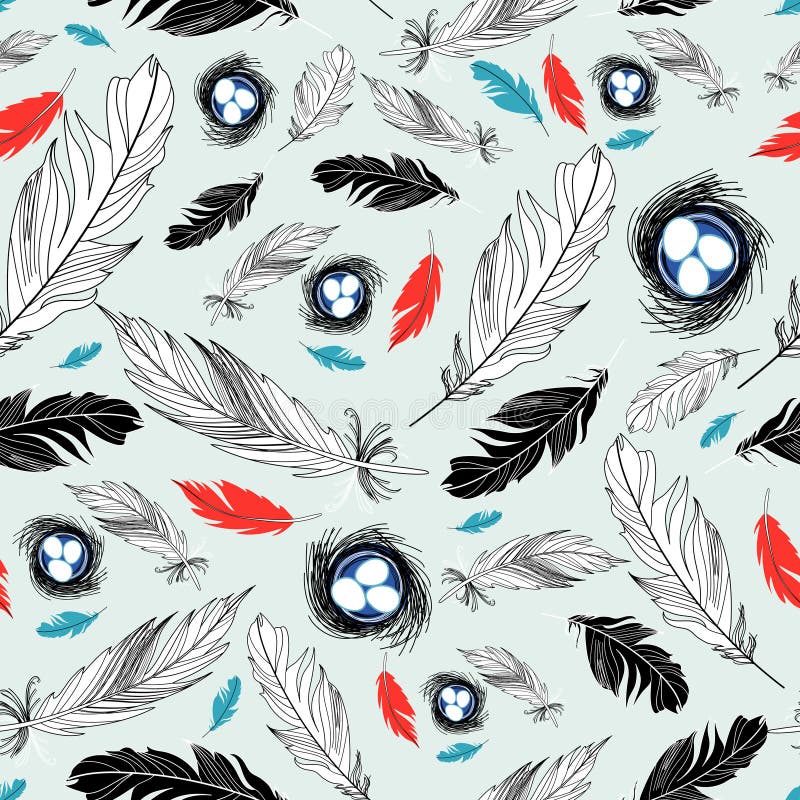 Seamless graphic design from the nests and feathers on a light blue background. Seamless graphic design from the nests and feathers on a light blue background