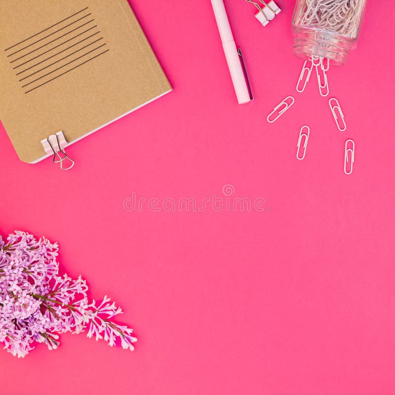 Configuration féminine rose dénommée d'appartement d'espace de travail image stock Configuration féminine rose dénommée d'appartement d'espace de travail image stock