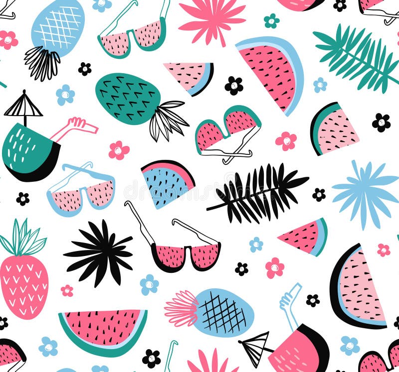 Configuration sans joint d'été Dirigez le fond tropical avec le fruit et les feuilles exotiques illustration stock Configuration sans joint d'été Dirigez le fond tropical avec le fruit et les feuilles exotiques illustration stock