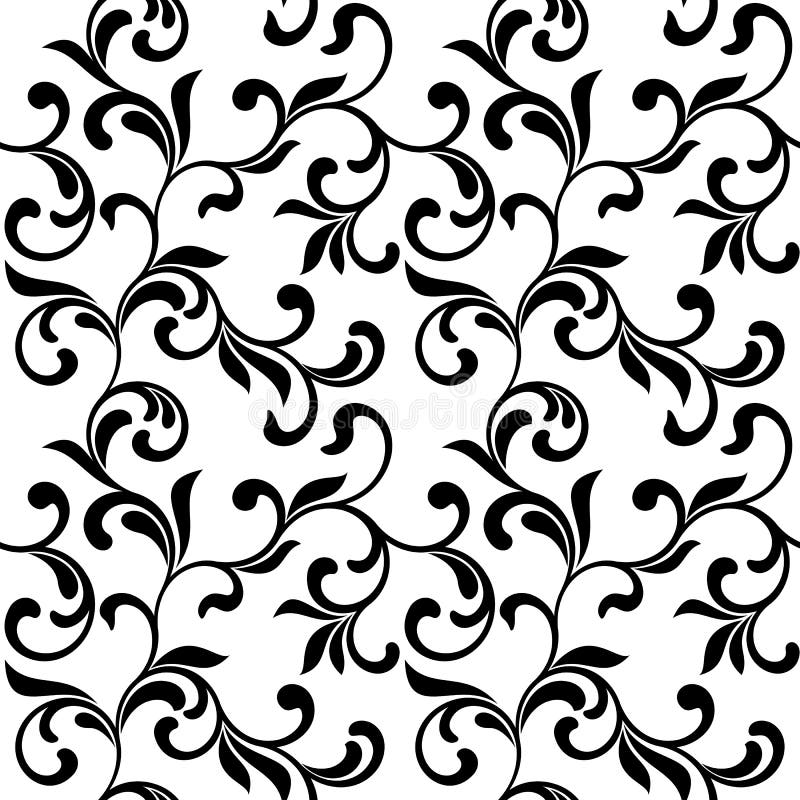 Configuration sans joint florale Remous et feuillage de noir d'isolement sur un fond blanc illustration stock Configuration sans joint florale Remous et feuillage de noir d'isolement sur un fond blanc illustration stock