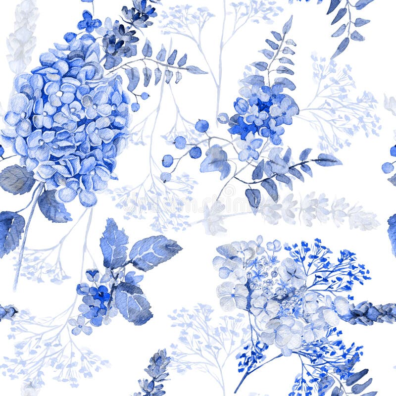 Configuration sans joint Hortensia bleu d'aquarelle, lavande, groseille illustration de vecteur Configuration sans joint Hortensia bleu d'aquarelle, lavande, groseille illustration de vecteur