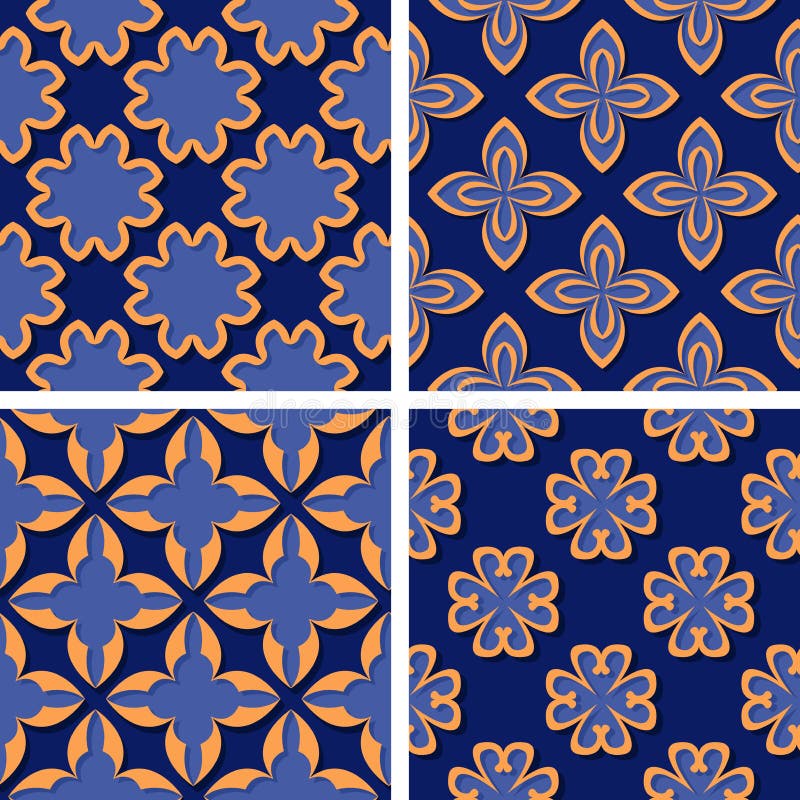 Configurations florales sans joint Ensemble de milieux profonds du bleu 3d avec les éléments oranges illustration stock Configurations florales sans joint Ensemble de milieux profonds du bleu 3d avec les éléments oranges illustration stock
