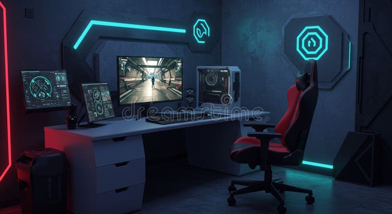 Configurazione dei videogame futuristica con un'elegante scrivania bianca con tre monitor che visualizzano illustrazione di stock