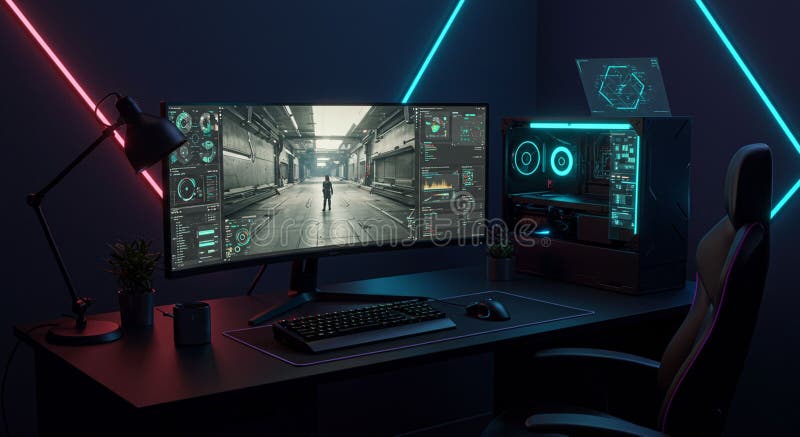 Configurazione dei videogame futuristica con un monitor curvo di grandi dimensioni che visualizza un gioco con un royalty illustrazione gratis