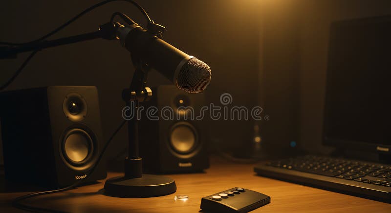 Configurazione del microfono per la registrazione podcast con altoparlanti e computer illustrazione vettoriale
