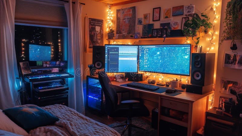 Configurazione della registrazione Home Podcast creativa con luci vibranti e doppi monitor per uso professionale illustrazione di stock