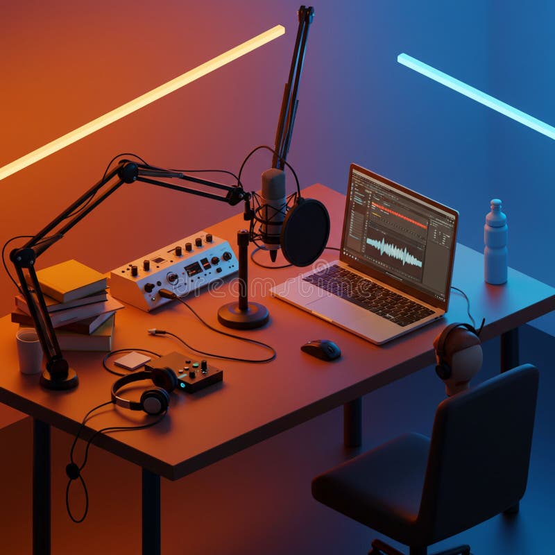 Configurazione della registrazione in podcast con microfono su braccio a raffica, filtro pop e laptop royalty illustrazione gratis