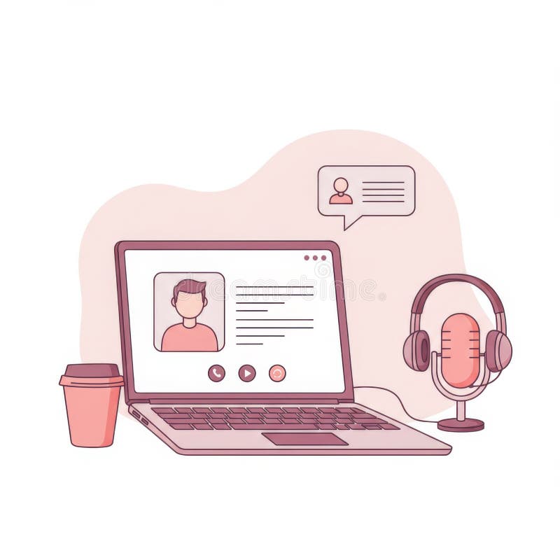 Configurazione della registrazione in podcast online con laptop e microfono illustrazione vettoriale