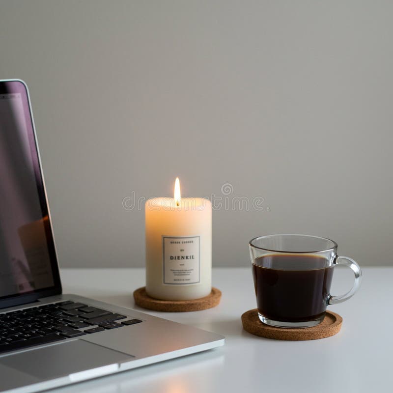 Configurazione di uno spazio di lavoro minimalista con un notebook argento parzialmente visibile sulla sinistra. Bianco acceso illustrazione di stock