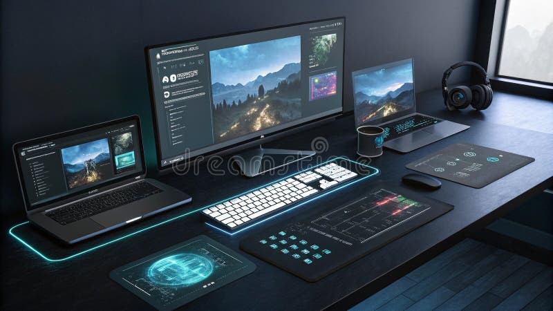 Configurazione futuristica dei videogame con tastiera e cuffie per notebook monitor per un'esperienza di gioco coinvolgente illustrazione di stock