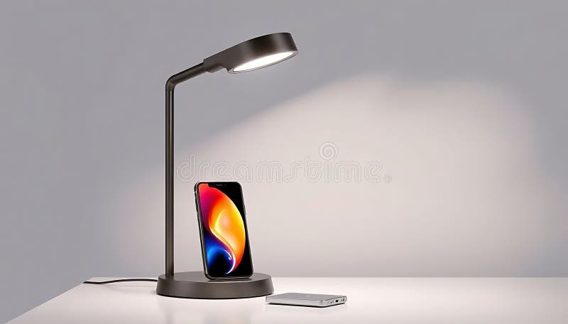 Configurazione minima spazio di lavoro della lampada da tavolo e dello smartphone Generative AI royalty illustrazione gratis