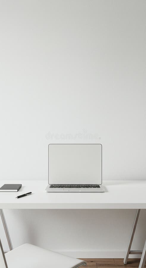 Configurazione minimalista dello spazio di lavoro con un laptop con schermo vuoto centrato su un royalty illustrazione gratis