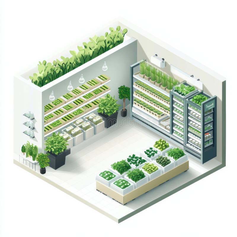 Configurazione moderna del giardino verticale per interni con verdure verdi fresche illustrazione di stock
