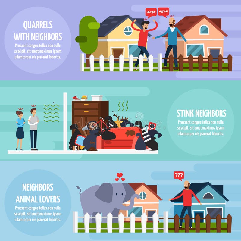 Conflicts with neighbors horizontal banners set with stink neighbors symbols flat isolated vector illustration. Conflicts with neighbors horizontal banners set with stink neighbors symbols flat isolated vector illustration